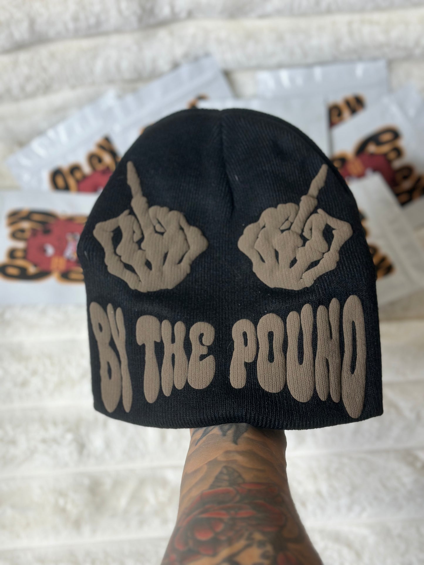 Black Pack Pusha Beanie w/ Brown puff print vinyl