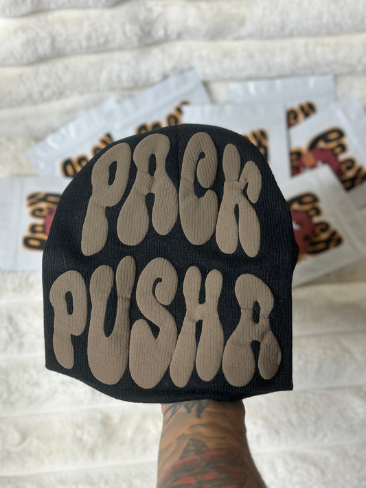 Black Pack Pusha Beanie w/ Brown puff print vinyl