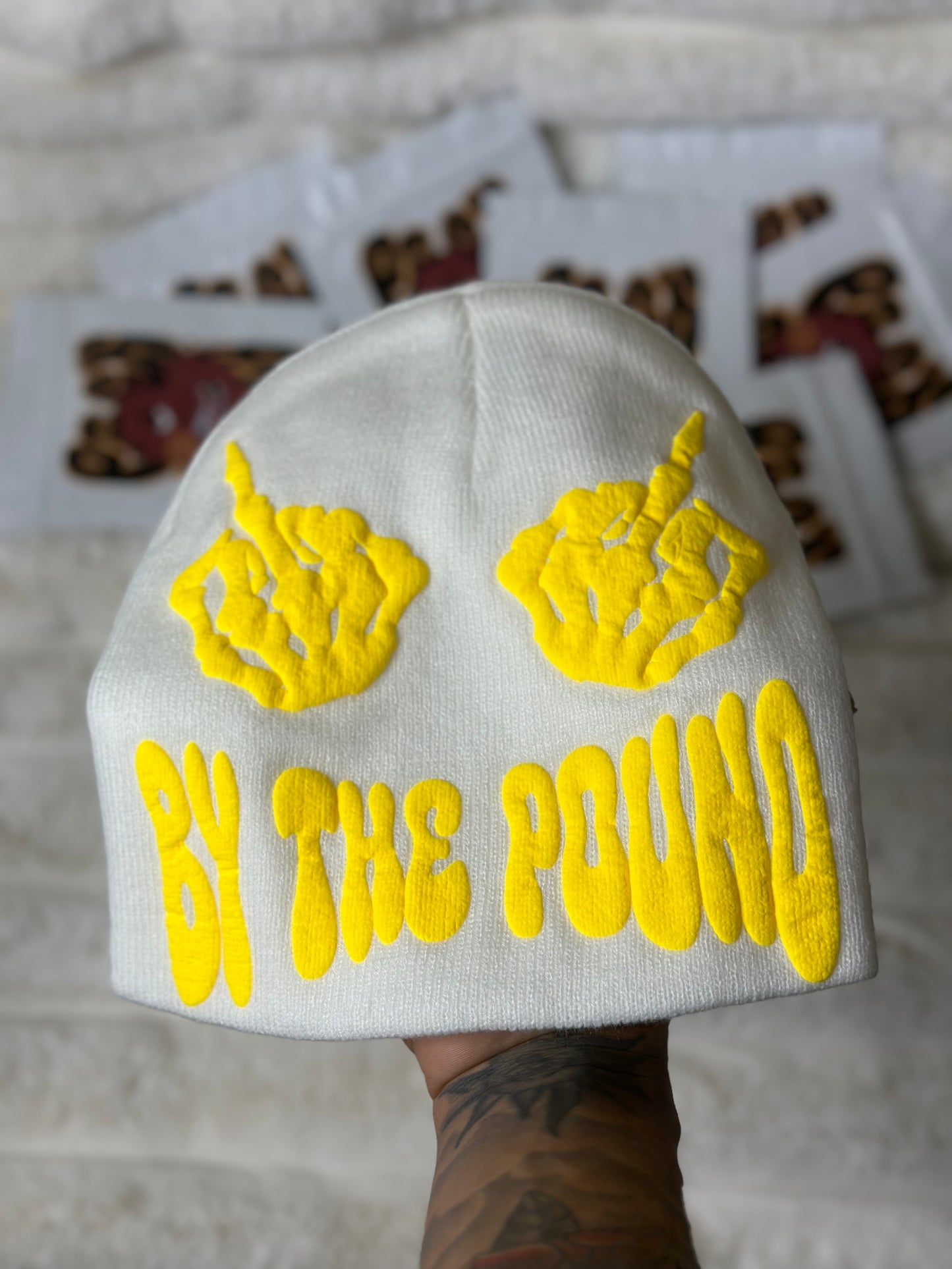 White Pack Pusha Beanie w/ Yellow puff print vinyl