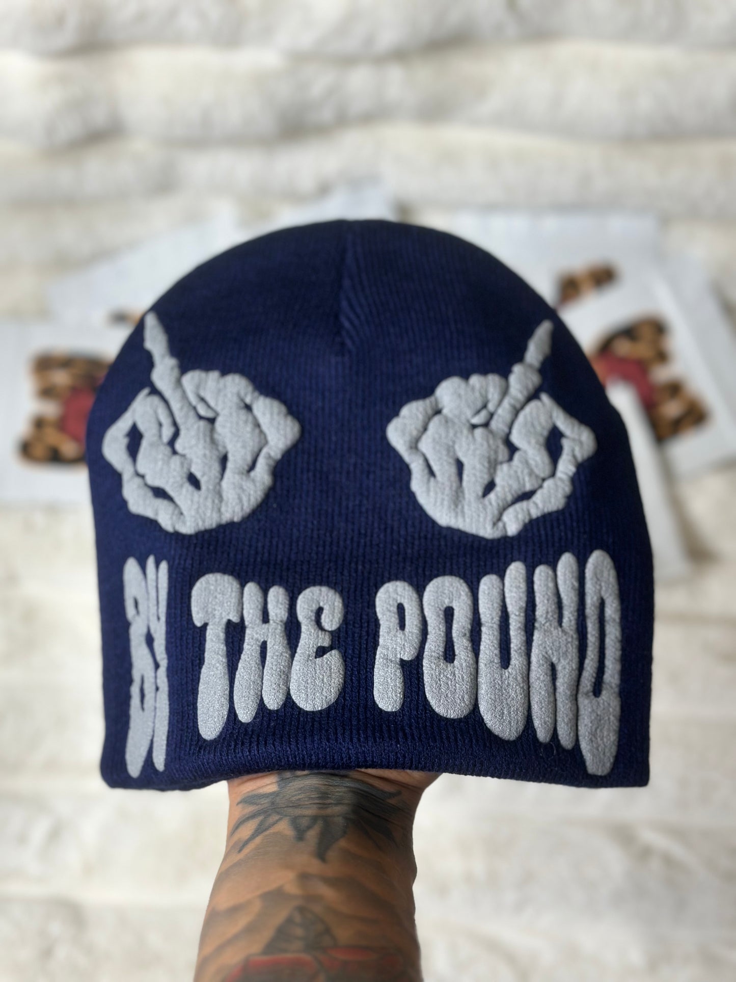 Navy Pack Pusha Beanie w/ Grey puff print vinyl