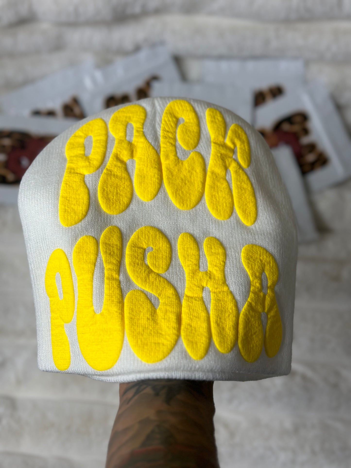 White Pack Pusha Beanie w/ Yellow puff print vinyl