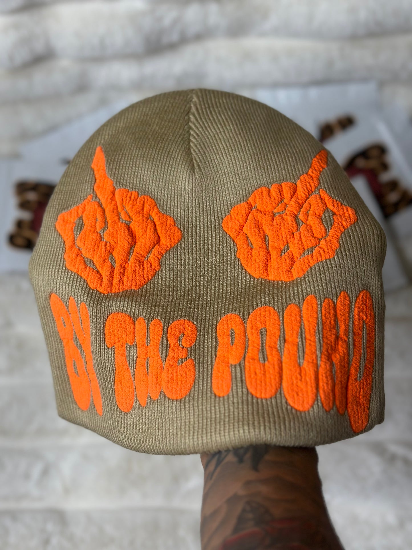 Tan Pack Pusha Beanie w/ Orange puff print vinyl