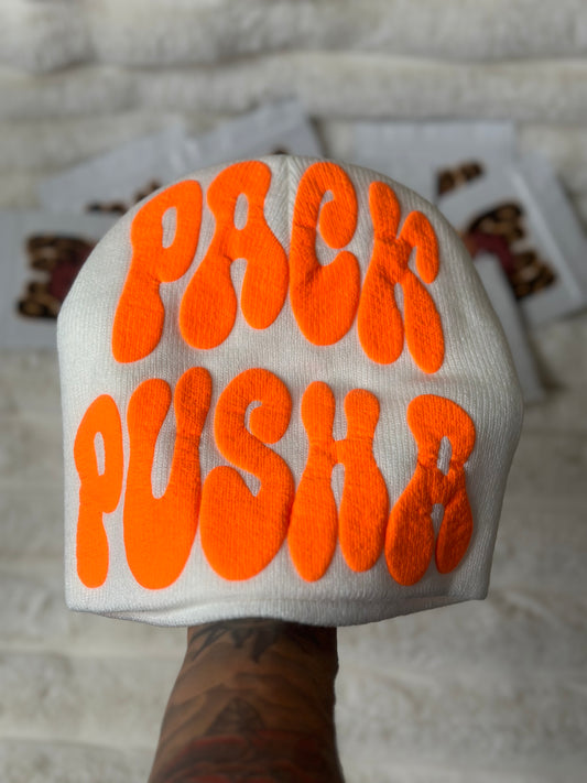 White Pack Pusha Beanie w/ Orange puff print vinyl