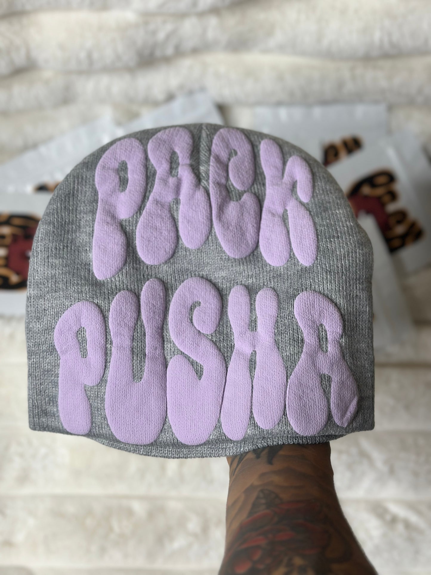 Grey Pack Pusha Beanie w/ Purple puff print vinyl