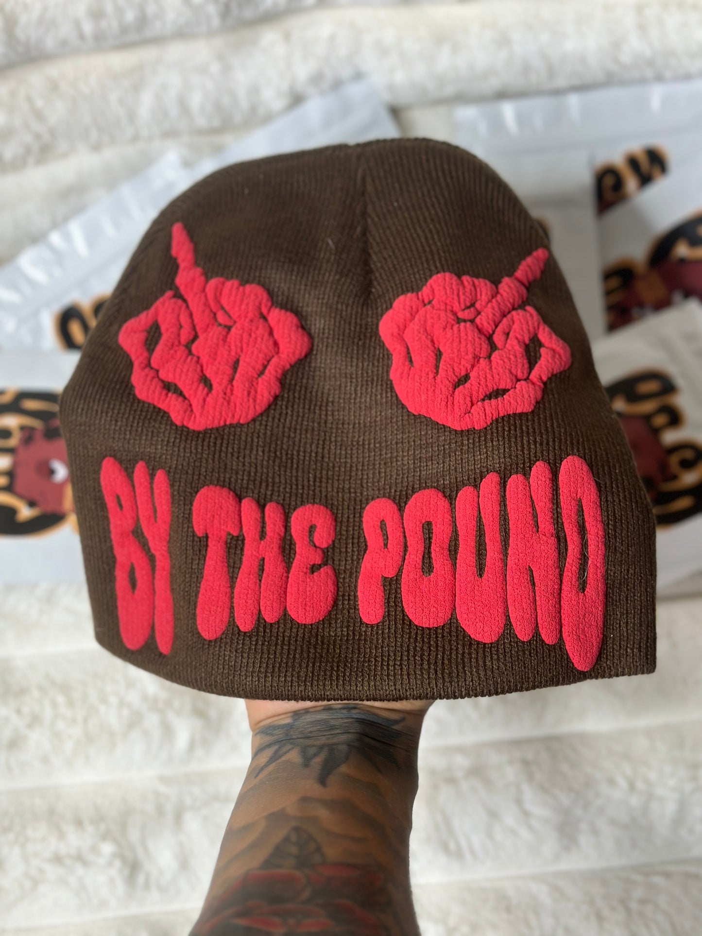 Brown Pack Pusha Beanie w/ Red puff print vinyl