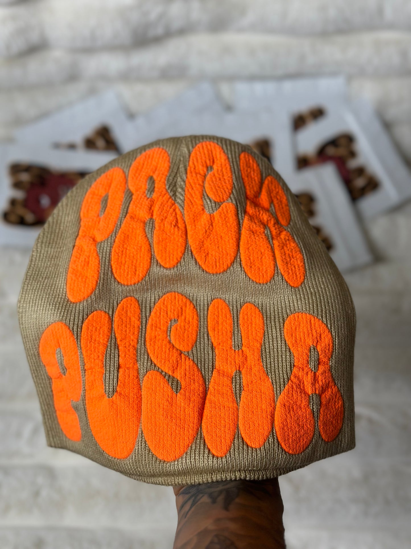 Tan Pack Pusha Beanie w/ Orange puff print vinyl