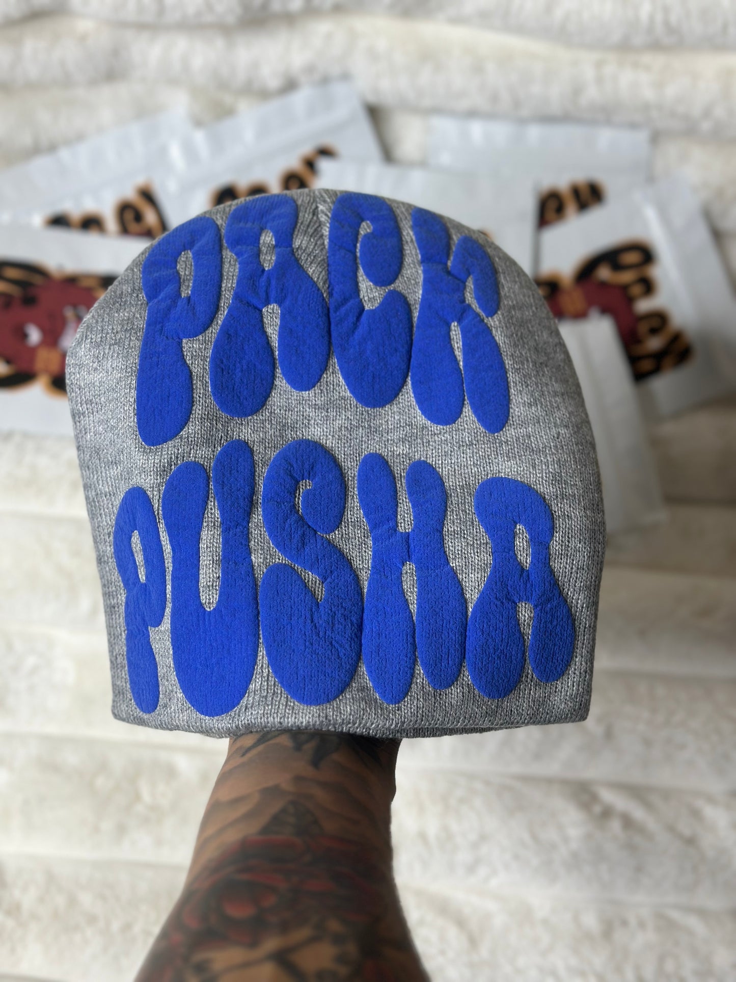 Grey Pack Pusha Beanie w/ Navy Blue puff print vinyl