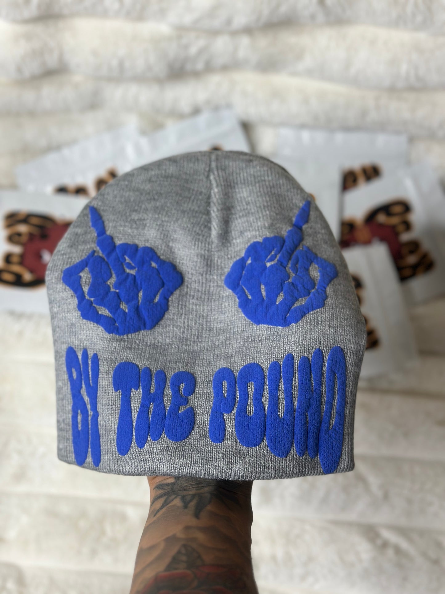 Grey Pack Pusha Beanie w/ Navy Blue puff print vinyl