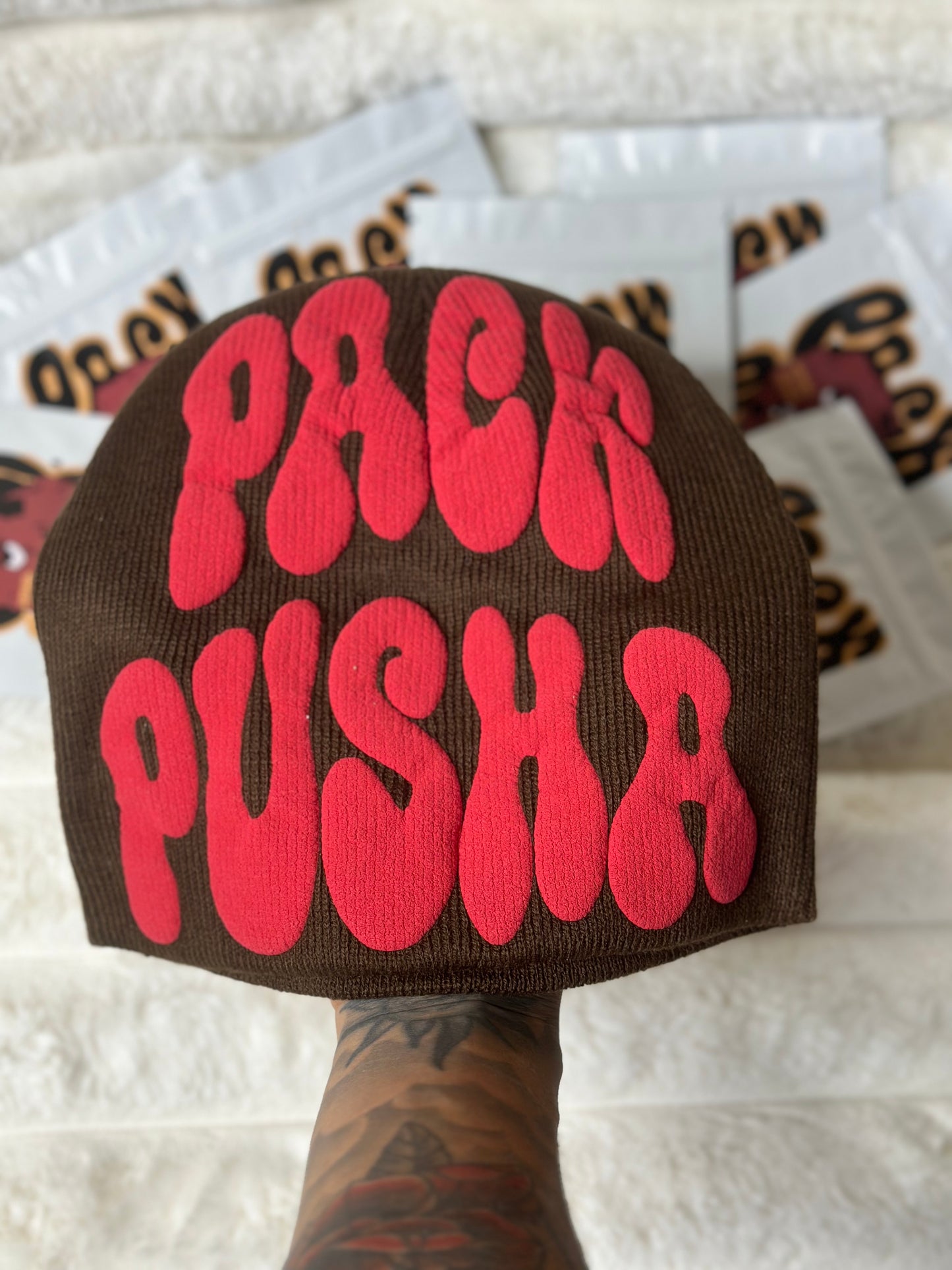 Brown Pack Pusha Beanie w/ Red puff print vinyl