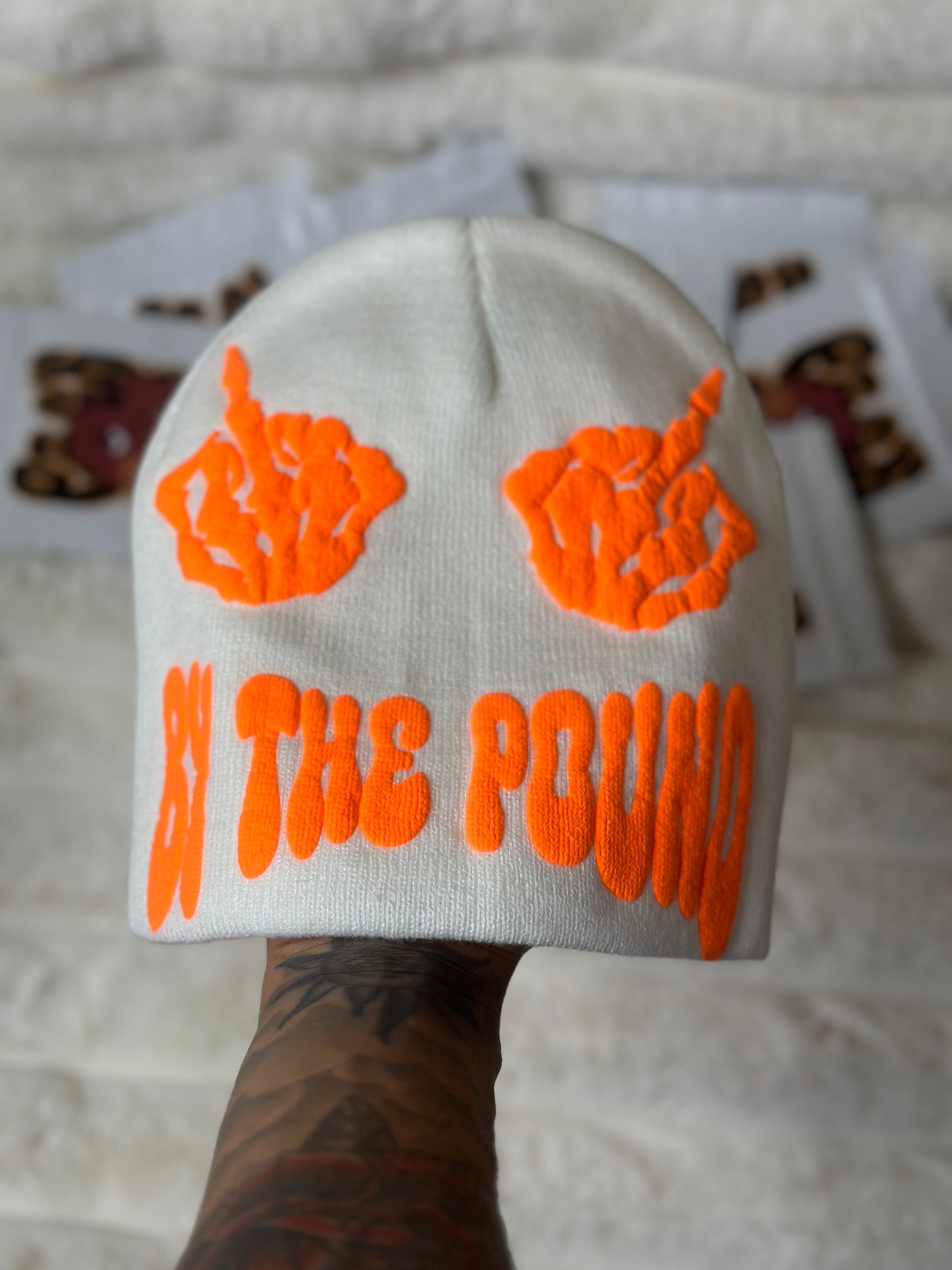 White Pack Pusha Beanie w/ Orange puff print vinyl