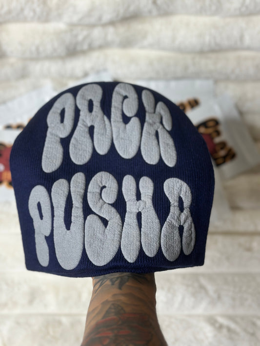 Navy Pack Pusha Beanie w/ Grey puff print vinyl