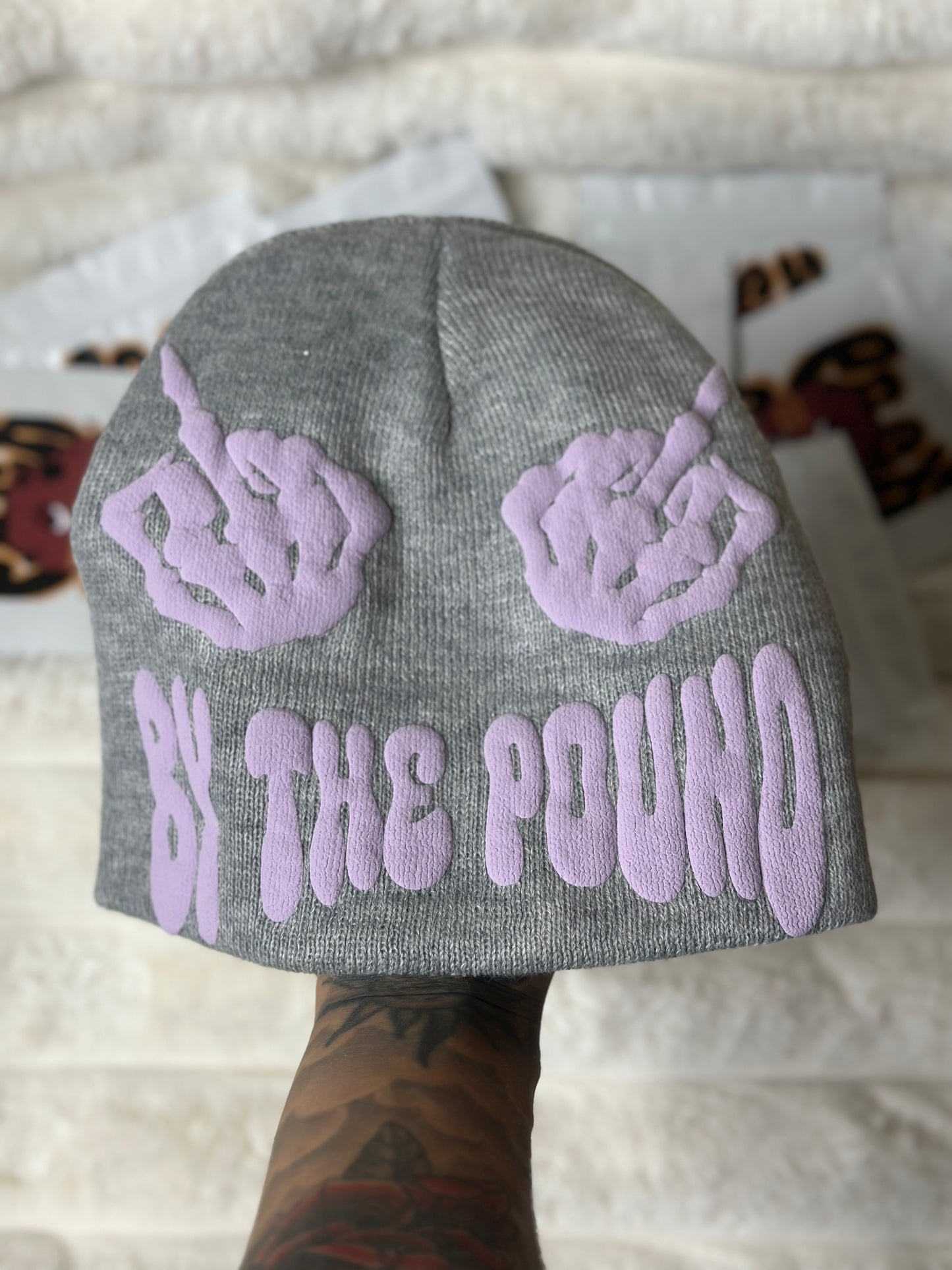 Grey Pack Pusha Beanie w/ Purple puff print vinyl